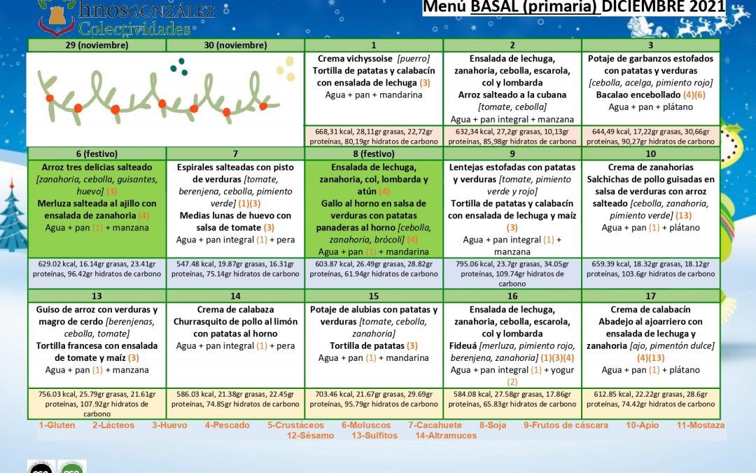 Menú de nuestro comedor para el mes de diciembre