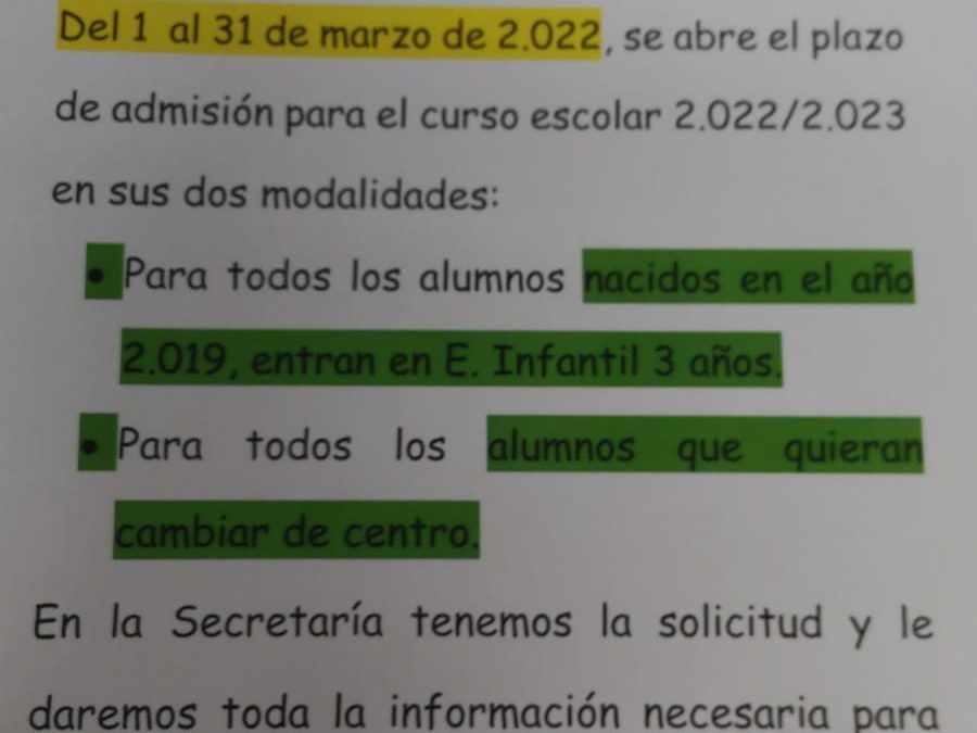 Abierto el plazo de ESCOLARIZACIÓN