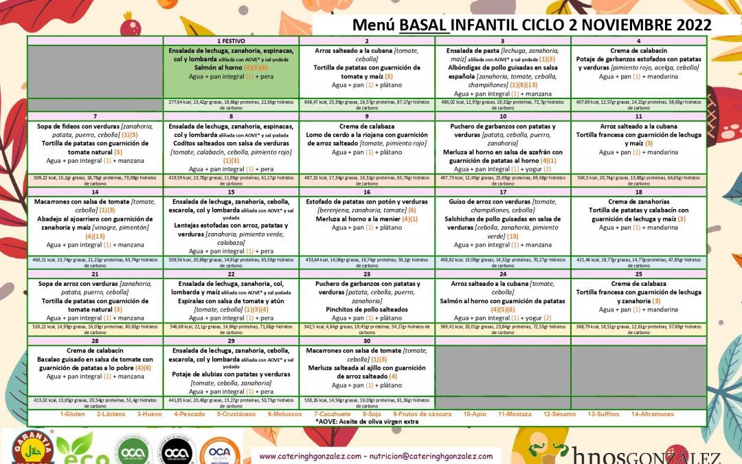 Menú de nuestro comedor para el mes de NOVIEMBRE