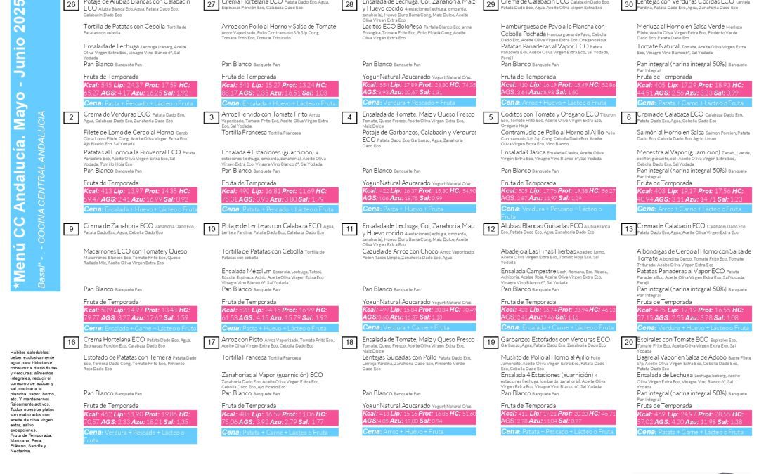 MENÚ del COMEDOR: 26 Mayo – 20 Junio.